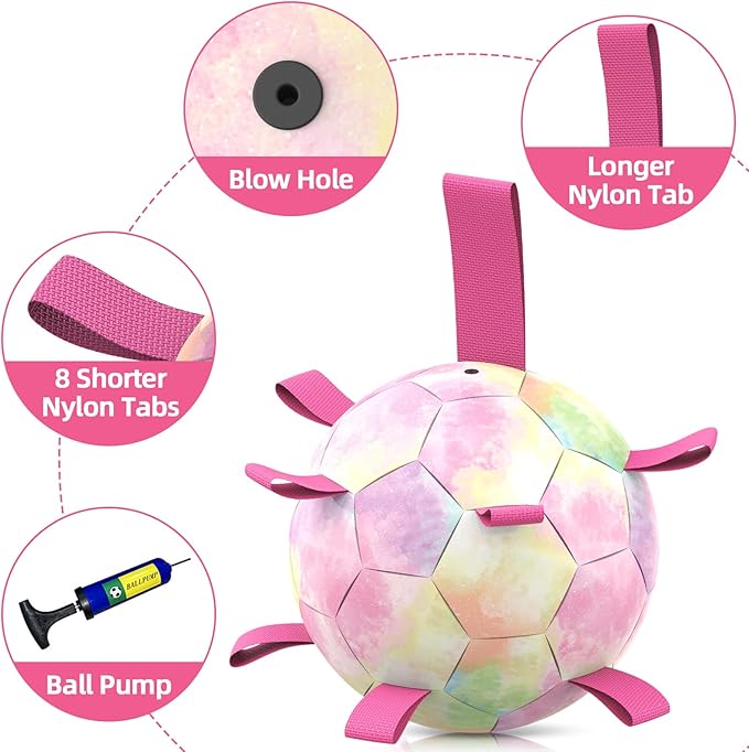 QDAN Premium Dog Toys Soccer Ball with Straps, Puppy Balls for Small Medium Dogs, Dog Water Toys Pool Toys, Puppy Dogs Pet Birthday Gifts, Rainbow（6 Inch）