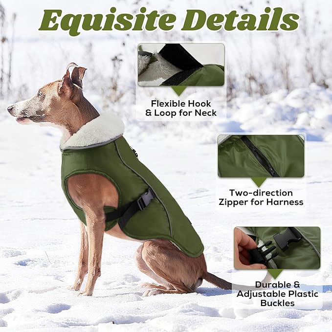 EMUST Dog Coat Winter, Waterproof Pet Snow Jacket for Winter, Adjustable Small/Medium/Large Dog Coat, Green, L