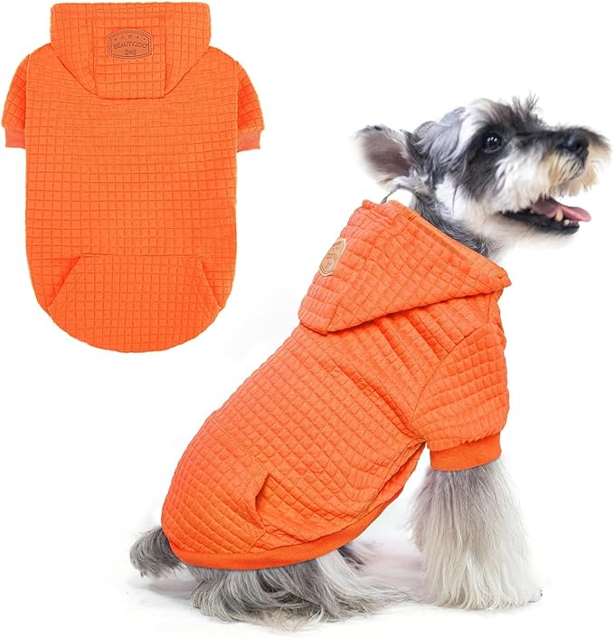 BEAUTYZOO Small Dog Hoodie Sweater with Pockets, Dog Clothes for Small Medium Dogs Boy Girl, Waffle-Like Laminated Cotton Pet Coats with Hat and Leash Hole, Orange S