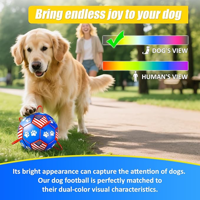Size 3 Interactive Dog Football with Strap, Blue & Red, Eye-Catching Paw Prints and Flag Design, Ideal Outdoor Training Pet Toy, Perfect Choice for Medium & Large Dogs' Playtime