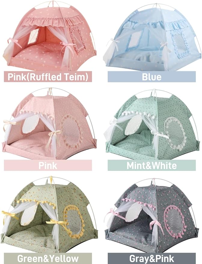 Cat Bed Tents Dog House Indoor Outdoor Lace Mesh Breathable Windows Door Curtains Removable Portable Nest Teepe House (Large,Pink(Ruffled Teim))