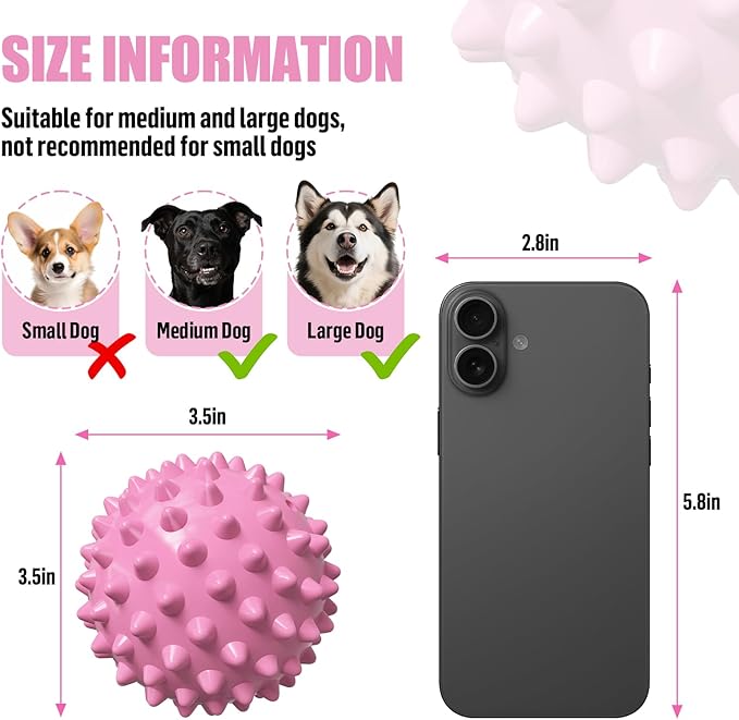 Apasiri Dog Toy Squeaky Ball: Bacon-Flavored Rubber Interactive Spiky Ball for Anxiety Relief, Indestructible Pet Toy for Medium/Large Dogs, 3.5-Inch-Perfect Party Gift - Pink