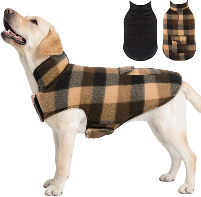ASENKU Dog Winter Jacket Plaid Reversible Vest, Waterproof Dog Coat for Cold Weather, Perfect for Small to Large Dogs (Coffee, 2XL)