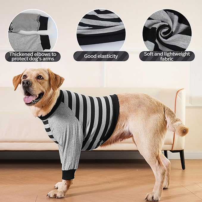 FUAMEY Dog Recovery Sleeve with Elbow Protector,Dogs Shirt Stop Licking Joints,Pet Long Sleeve Suit Protecting Dog's Front Leg Arm Wounds Cover Skin Conditions Black Stripes 2XL