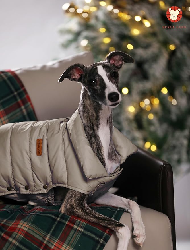SPACE LION Dog Puffer Jacket, Down Winter Coat, Durable Outdoor Coat for Cold and Windy Conditions, Waterproof, Lightweight Jacket, Adjustable Fit for Small, Medium, Large Dogs(Khaki,16/XL)
