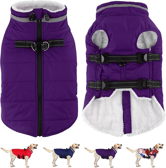 Dogcheer Dog Coat with Harness, Waterproof Dog Jacket Adjustable Pet Winter Coat with Zipper, Christmas Puppy Snow Jacket Fleece Sweater for Small Medium Large Dogs - Purple XS