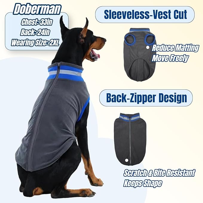 Winter Warm Classic Turtleneck Vest Fleece Dog Clothes, Lightweight Coat for Extra Large Dogs with Back-Zipper, Thermal Doggie Vests Coats with Reflective Strips for Mastiff, Saint Bernard (Grey, 3XL)