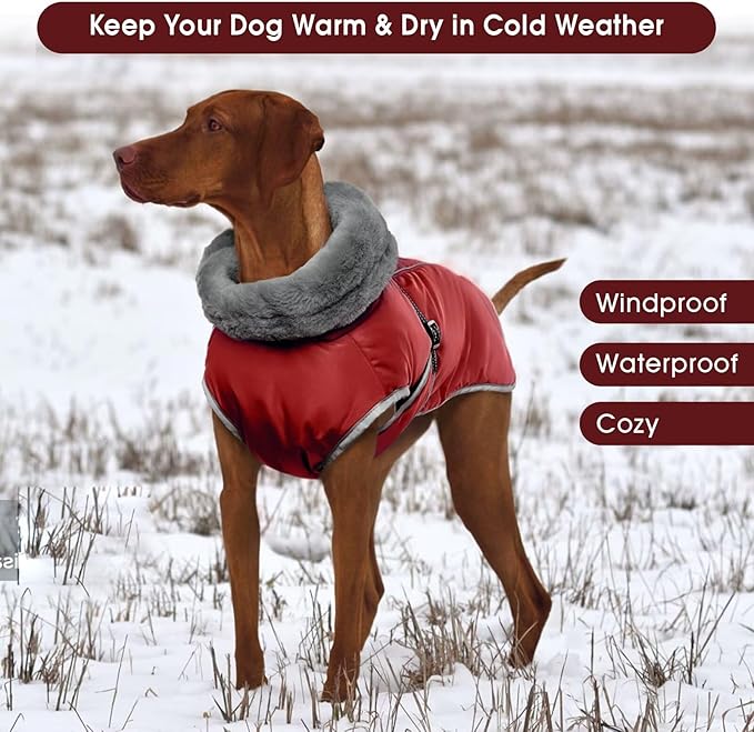 Warm Dog Jacket,3XL Dogs Reflective Adjustable Winter Coat with Turtleneck for Cold Weather,Waterproof Fleece Snowsuit Large Dogs,Pet Cold Weather Coats,Dog Winter Coat Windproof,Red,3XL