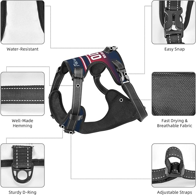 Custom New England Dog Harness with Reflective Stripes Personalized Name and Number Dog Vest Harness with Pet Traction Rope for Small Medium Large Dog