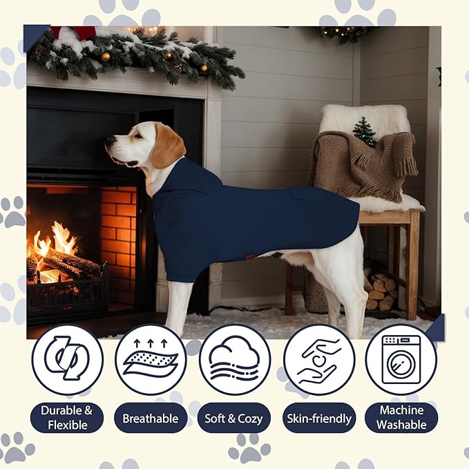 Basic Dog Hoodie, Soft Premium Quality Dog Hoodie Sweater with Leash Hole and Pocket, Cotton Doggy Puppy Sweatshirt Fashion Outfit for Dogs Puppy Small Medium Large - Navy Blue (Large)