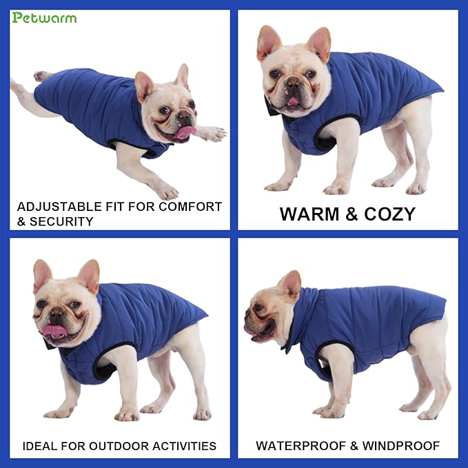 PetWarm Reversible Dog Cold Weather Coats, Waterproof Dog Puffer Vest, Vest for Dogs with Hook-and-Loop Strap, Windproof Outdoor Coat for Winter Walks and Snowy Days, Blue, XL