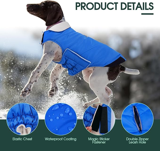 Kuoser Dog Coat Large, Cold Weather Reflective Waterproof Dogs Jacket with Warm Fleece Lining, Turtleneck Dog Winter Coat with Zipper, Doggy Snow Jacket Pet Coats for Small Medium Large Dogs, Blue 3XL