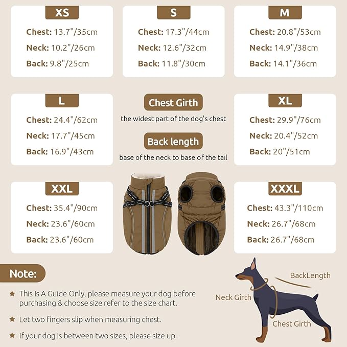Dog Winter Coat with Harness Built in Warm Puffer Dog Jackets for Small Medium Large Dogs Windproof Waterproof Outfit with Plush Lining and Reflective Stripes (Brown, S)