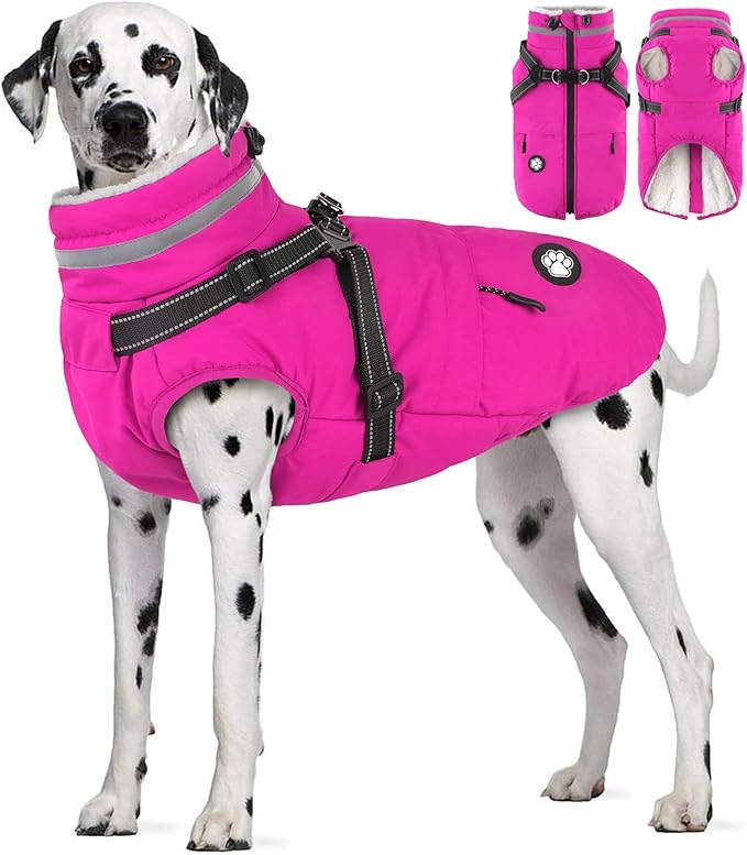 Dogcheer Dog Coat with Harness, Waterproof Dog Jacket Christmas Pet Winter Coat with Pockets, Reflective Doggy Turtleneck Fleece Jacket for Small Medium Large Dogs - Pink, L