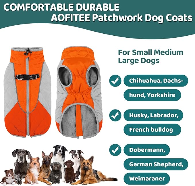 AOFITEE Dog Coat, Dog Winter Coat, Reflective Small Dogs Jacket with Harness Built in and Fleece Lined, Waterproof Pet Winter Jacket Warm Snowsuit for Small Medium Large Dogs, Orange M