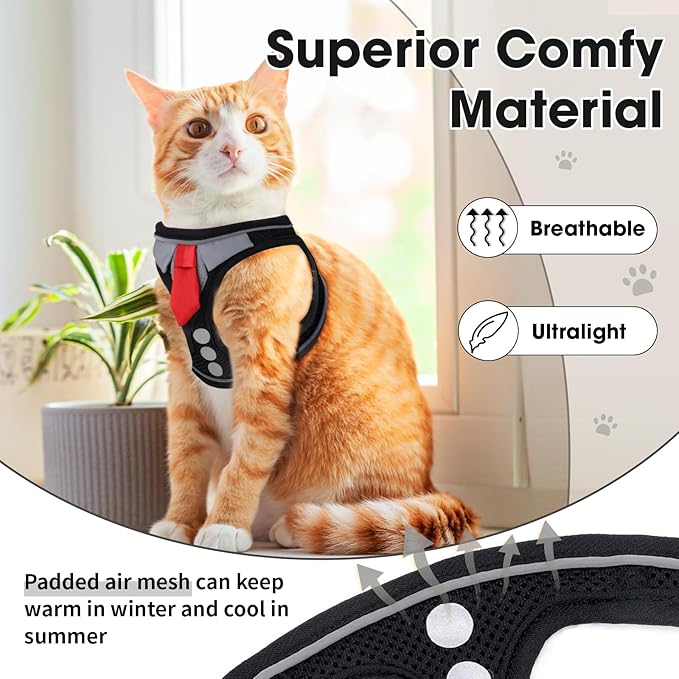 Cat Harness and Leash Set for Walking Escape Proof, Soft Adjustable Kitten Harness Breathable Mesh with Reflective Strips Harness for Kitty Puppy Bunny (Black, Small)