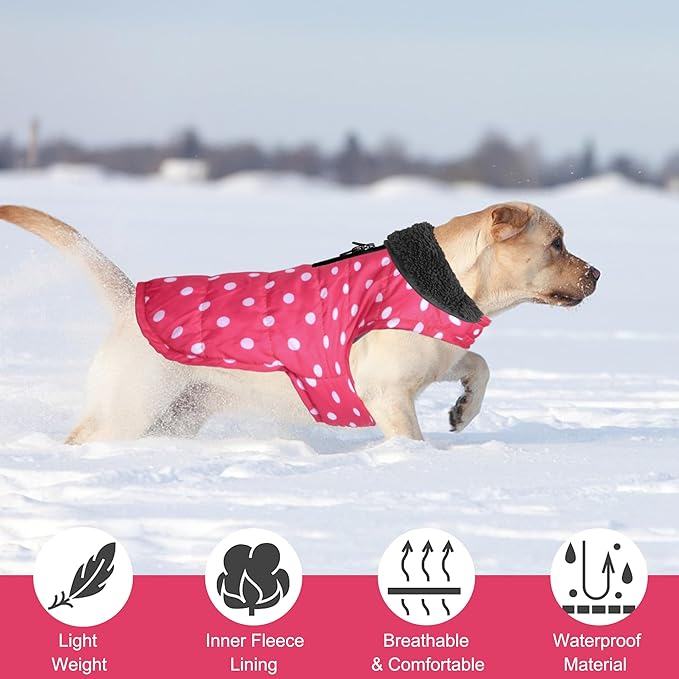 Dog Winter Coat, Waterproof Dog Jacket with Leash Hole, Reflective Adjustable Pet Snow Vest, Warm Fleece Sweater for Small Medium Large Dogs - Pink Polka Dot, L