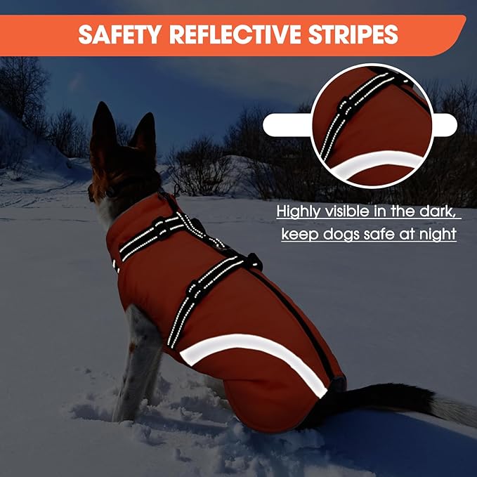 BRKURLEG Dog Winter Jackets for Large Dogs, Dog Coat with Harness Built in, Dogs Snowsuits with Zipper, Waterproof Windproof Pet Puffer Jacket Fleece Vest for Labrador, Dalmatian, Orange XXL