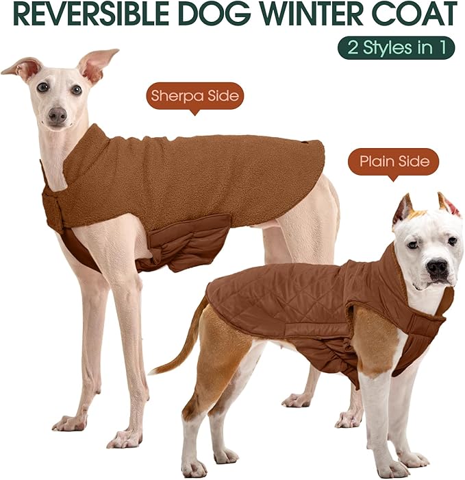 Kuoser Reversible Dog Coat – Warm Fleece & Quilted Waterproof Dog Jacket, Double-Sided Cold Weather Dogs Winter Coat with Harness Hole, Windproof Pet Snow Vest for Small Medium Large Dogs, Brown XL