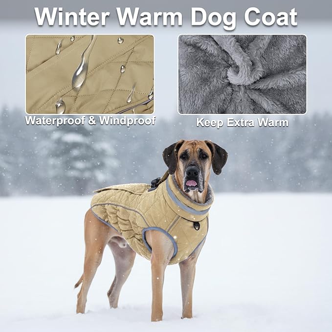 Dog Coat, Warm Dog Winter Coat for Large Dogs, Waterproof Jacket with Harness Built in, Reflective Turtleneck Cold Weather Coats with Zipper,Pet Fleece Vest Snow Jacket, Brown XXXL