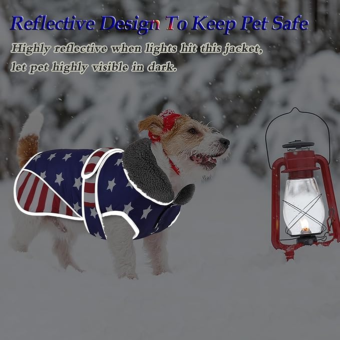 Dogcheer Dog Coat, American Flag Dog Jacket Waterproof Puppy Winter Coat for Cold Weather, Reflective Adjustable Pet Snow Jacket Fleece Sweater for Small Medium Large Dogs - USA Flag, M