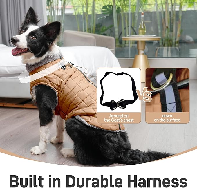 Warm Fleece Dog Coats with Durable Harness Buitl in D-Ring,Waterproof Puppy Jacket for Small Dogs,Dog Vest for Cold Winter,Burnished Khaki M