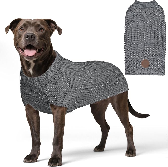 KYEESE Dog Sweater with Leash Hole Warm Pullover with Reflective Yarn for Small and Medium Dogs Male Soft Knit Pullover Boy Dog Coats Cozy Lightweight Thick Sweater,Grey,Large