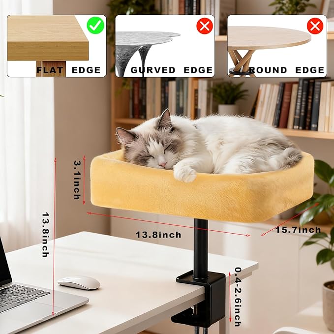 Cat Desk Bed, Sturdy Cats Bed for Desk with Washable Cover, Dual-Sided Breathable Summer & Winter, Comfortable Soft Pet Nest Bed with Reinforced Steel Frame, Easy Assembly for Home Office/Study Room
