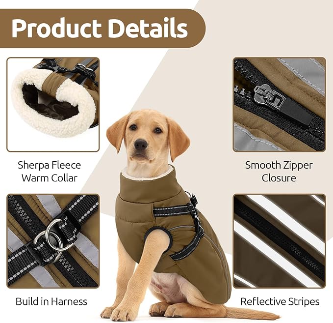 Dog Winter Coat with Harness Built in Warm Puffer Dog Jackets for Small Medium Large Dogs Windproof Waterproof Outfit with Plush Lining and Reflective Stripes (Brown, L)