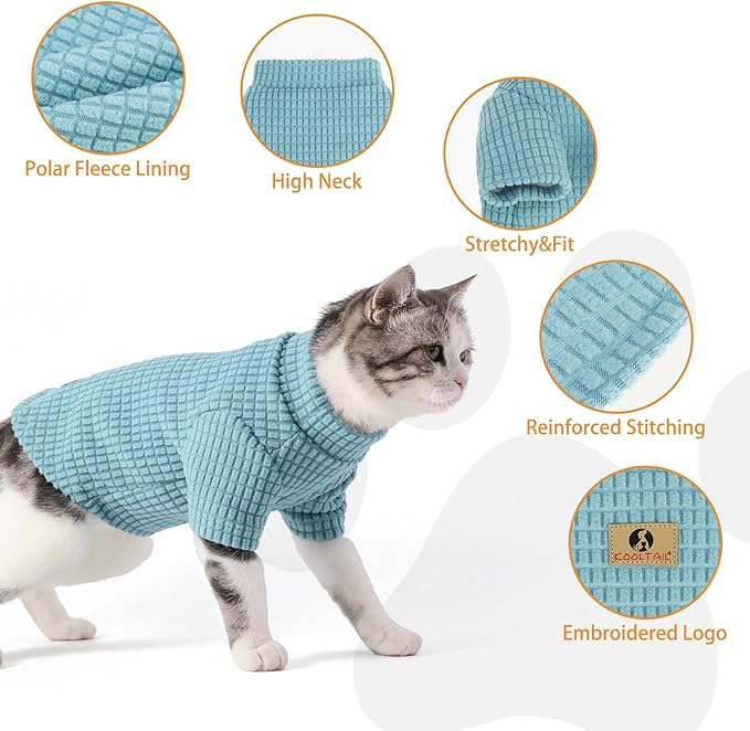 KOOLTAIL Cat Sweater for Sphynx - Soft Fleece Sweaters for Cats Only, Elastic Pet Clothes with Sleeves, Thick Winter Warm Cold Weather Apparel for Hairless Cat, Puppy Pajamas for Small Dogs, Blue M