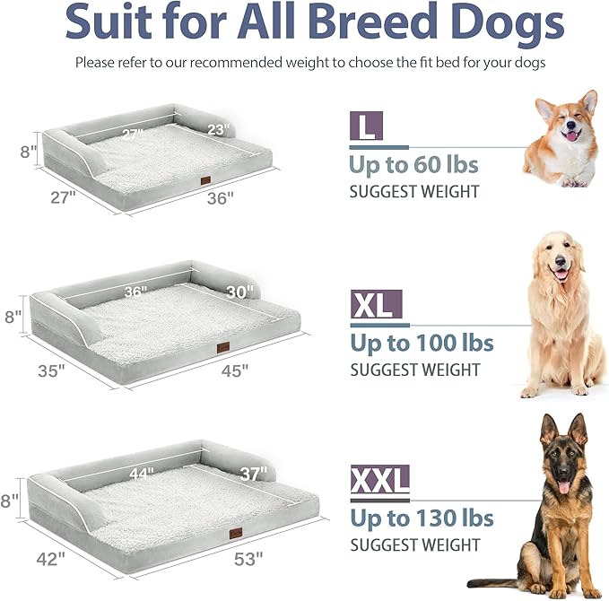 Orthopedic XXL Dog Beds, Waterproof Egg Crate Foam Big Pet Bed for All Breed Sized Dogs 53x42Inch, Washable Extra Large Dog Couch Bed with Removable Cover and Non-Slip Bottom, Grey White