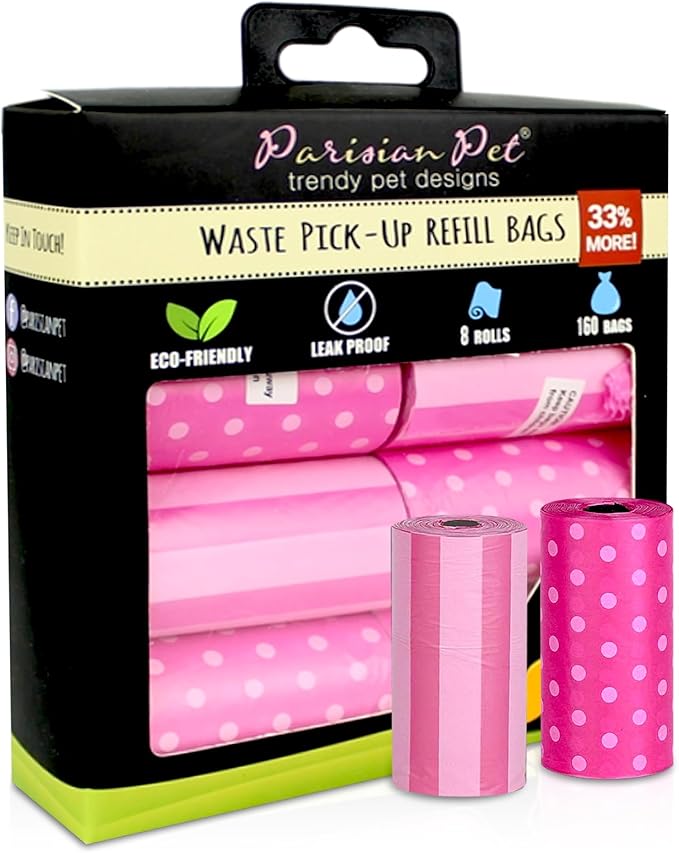 Parisian Pet Ecofriendly Dog Poop Bags Rolls - 160 Count Unscented Poop Bags For Dogs - Leakproof, Extra Thick, 8 Dog Waste Bags Refill Rolls - Stripes Dots Pink Doggie Poop Bags