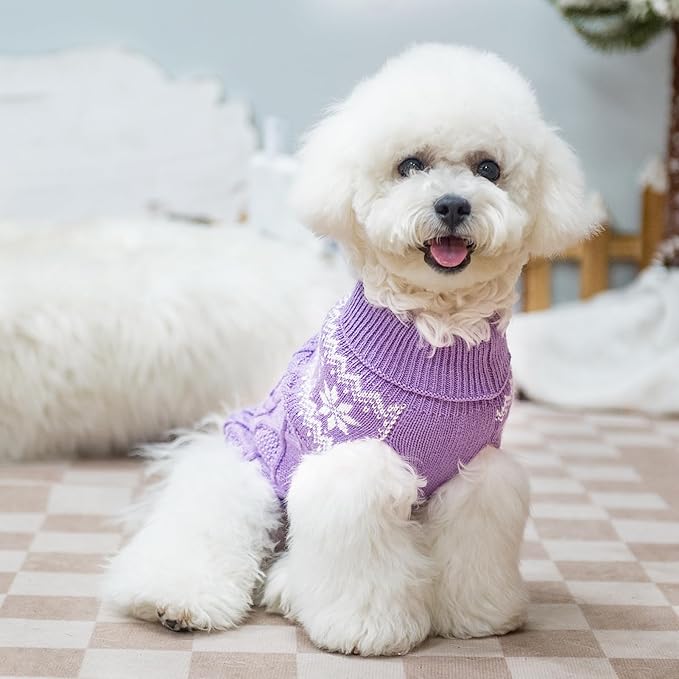 Warm Winter Dog Sweater - Cold Weather Pet Clothes for Small Medium Large Dogs Indoor Outdoor, Soft Classic Knit Puppy Apparel, Purple, S