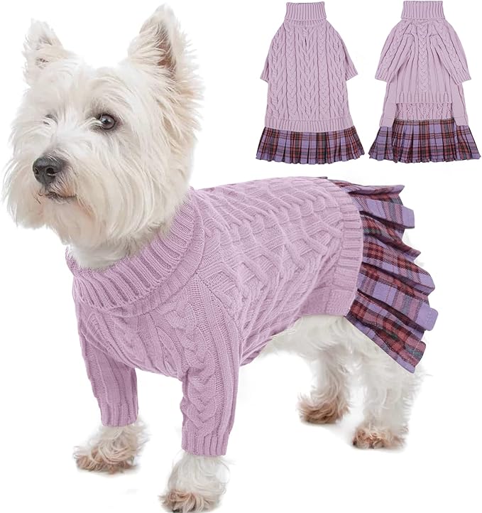 IECOii Girl Dog Sweater Dress - Cable Knit Dog Sweater for Small Dogs Girl - Purple,Medium, Turtleneck Pullover Sweaters with Tartan Plaid Skirt, Adorable Warm Dog Knitted Dress for Christmas