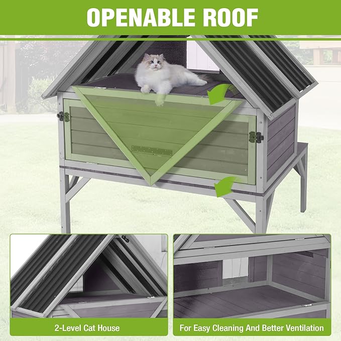 GUTINNEEN Heated Cat House 2-Level Large Outdoor Cat House Insulated Weatherproof Feral Cat Shelter with 2 Heating Pads, Insulated All-Round Thermal Liner, Large Porch, 3 Escape Doors for 1-6 Cats