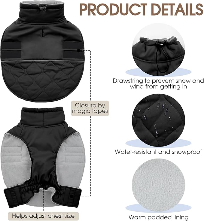 FUAMEY Dog Winter Coat Warm, Dogs Turtleneck Fleece Jacket, Waterproof Cold Weather Puppy Snowsuit with Harness Hole, Extra Small Sherpa Vest for Pet (Black, XS)