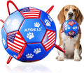 Size 2 Dog Soccer Ball with Straps Durable Training Ball for Pets Interactive Outdoor Dog Toy, Blue & Red, Paw Prints Flag Design, for Small to Medium Puppies, Pet Supplies