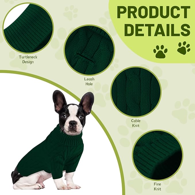 Small Dog Thermal Pullover Sweater, Classic Turtleneck Cable Knitwear Dog Clothes for Cold Weather Warm Pet Clothes for Chihuahua, Bulldog, Dachshund, Pug Green Medium
