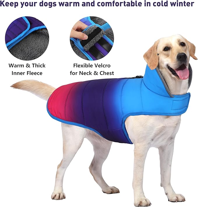 Dog Winter Coat, Waterproof Dog Jacket with Leash Hole, Reflective Adjustable Pet Snow Vest, Warm Fleece Sweater for Small Medium Large Dogs - Gradient Blue, S