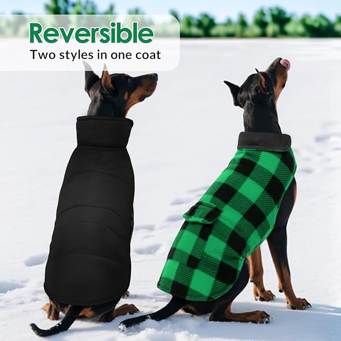 ASENKU Dog Winter Coat, Fleece Doggie Jacket Plaid Reversible Vest Waterproof Windproof Cold Weather Clothes for Small Medium Large Dogs (XS, Green)