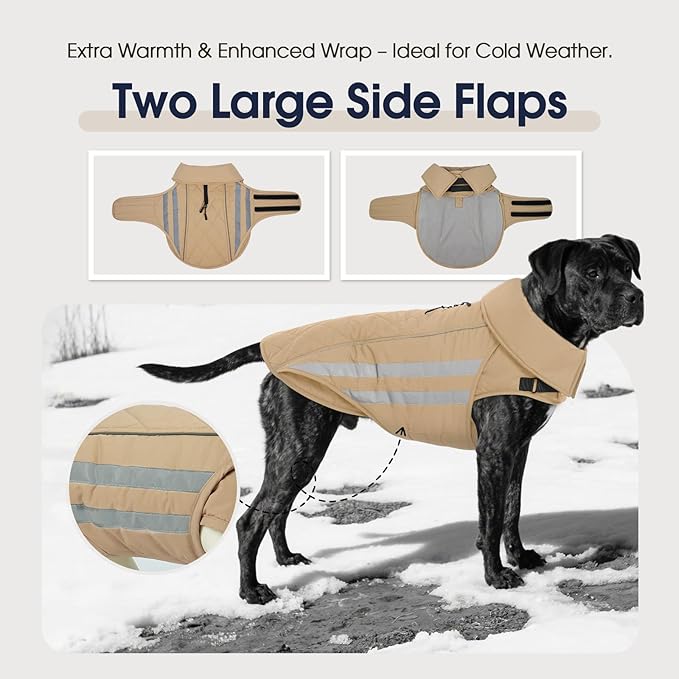IECOii Dog Coat for Winter - Waterproof & Warm Dogs Coats, Reflective & Adjustable Jacket for Outdoor Cold Weather, Mashine Washable, Khaki, Sizes L