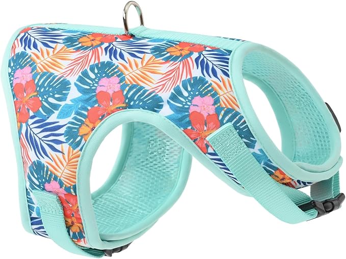 Mile High Life Dog Harness, Air Mesh Floral Vest Harness for 20 lbs Small Dogs & Cats, Easy Get on Adjustable Easy Closures Both Neck and Chest(Green Flower, M Chest 18"-20")