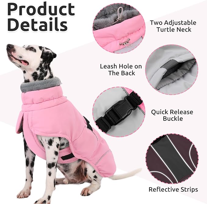 Queenmore Winter Dog Jackets, Thick Dog Coats for Small Pets Winter, Warm Reflective Coat, Thick Waterproof Puppy Coats, Pink, S