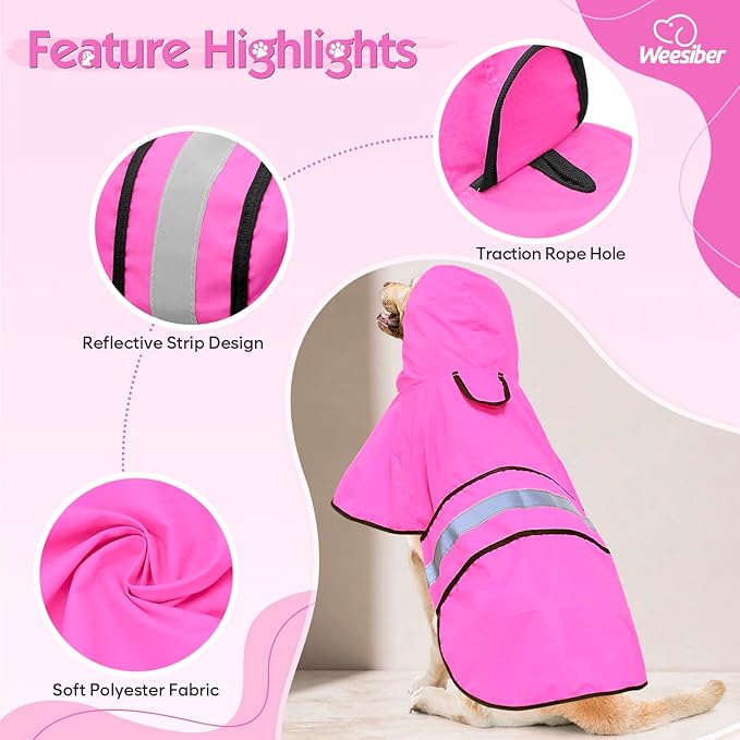 Weesiber Dog Raincoat, Waterproof Dog Rain Jacket with Leash Hole, Hooded Pet Poncho Lightweight Puppy Coat for Small Dogs (S, Pink)