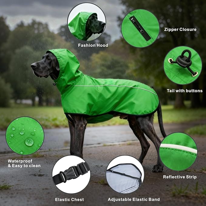 Mosucoirl Dog Raincoat Jacket Reflective Adjustable Hooded Pet Poncho Rain Coats with Leash Hole Waterproof Clothes for Small Medium Large Dogs (Green, XXL)