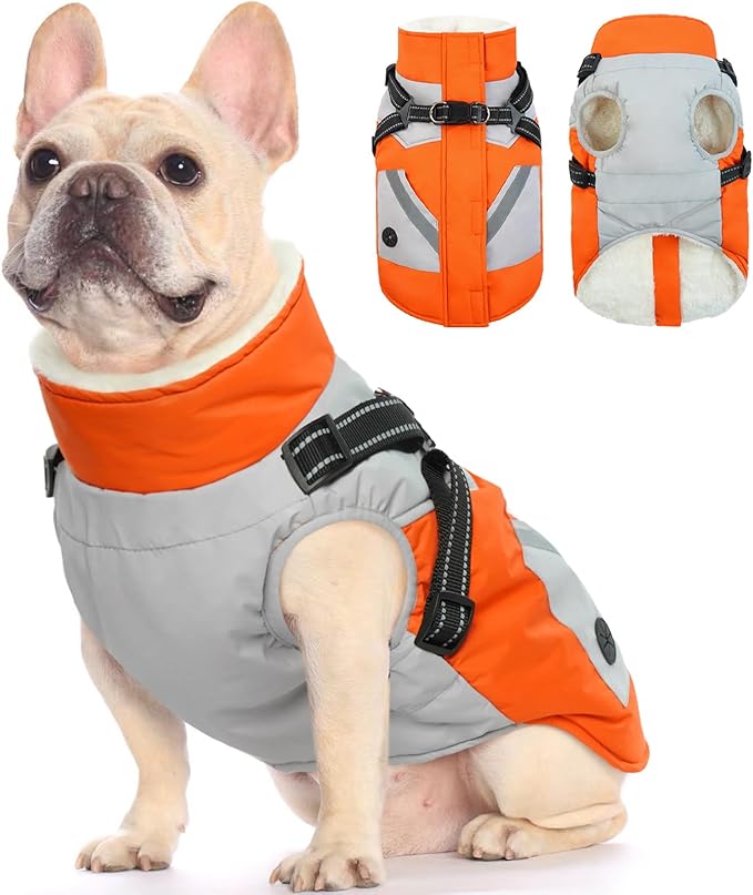 FUAMEY Dog Winter Jackets for Small Dogs,Dog Coat with Harness Built in,Waterproof Dogs Snowsuits Warm Pet Jacket Zip Up Fleece Cold Weather Coats Reflective Puppy Vest with Pocket Orange S