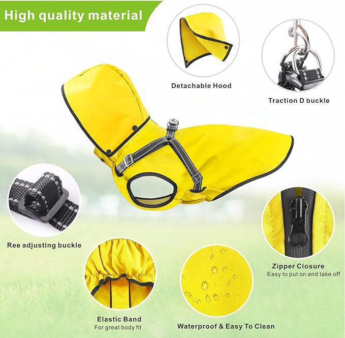 Mosucoirl Dog Raincoat Waterproof Hoodie Reflective Dog Raincoat Hooded Adjustable Rain Jacket for Small Medium Large Dogs Puppies Doggie (Yellow, XL)