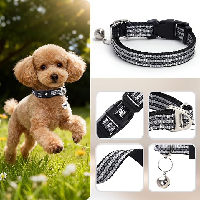Reflective Dog Collar with Bell, Hypoallergenic Adjustable Puppy Collar for Small Dogs & Cats, Soft Nylon Night Walking with Safety Reflectors (Silver S)