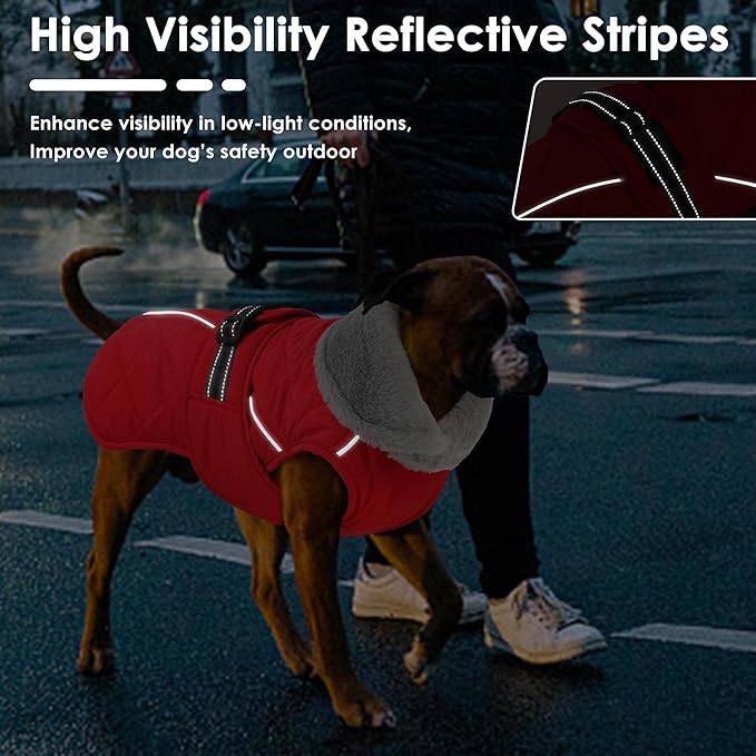 Dog Coat, Waterproof Dog Winter Jacket with Adjustable Buckle, Reflective Turtleneck Pet Snow Vest Warm Fleece Sweater for Small Medium Large Dogs - Red, L