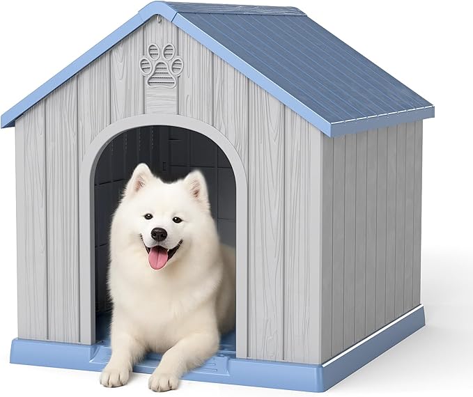 Vixzen 38in Large Outdoor Dog House,Durable Water Resistant Resin Dog House,Doghouse for Small to Large Dogs Indoor or Outside,with Air Vent and Elevated Floor,Blue
